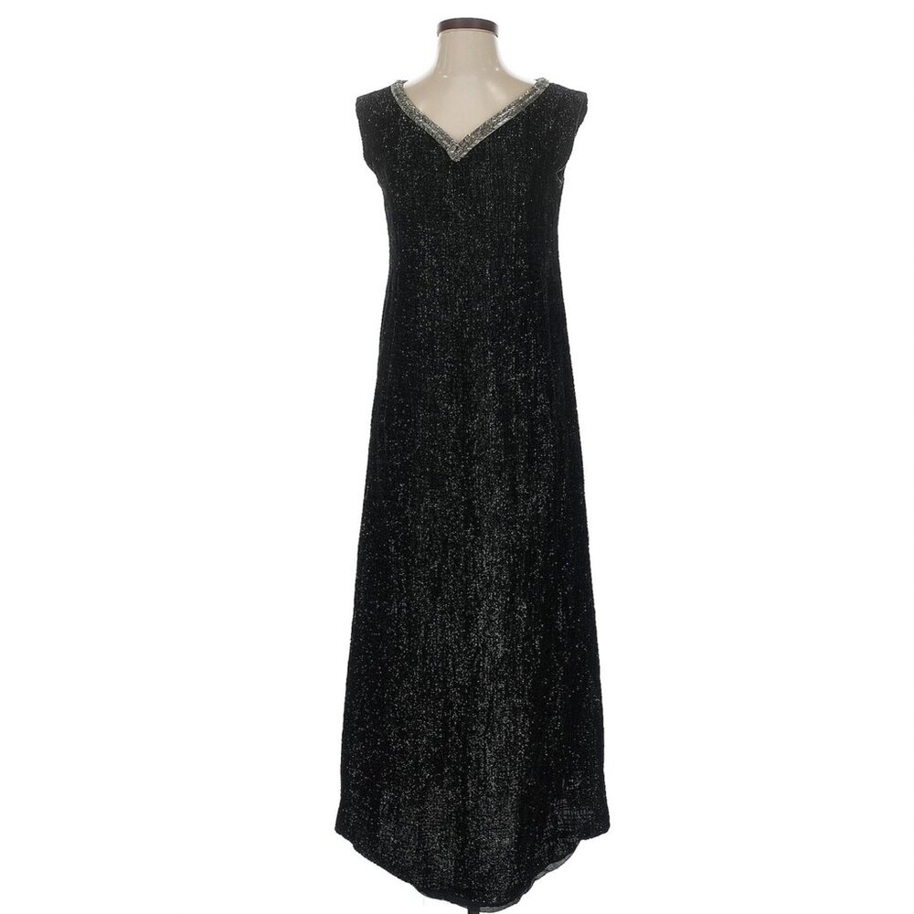 Vintage cocktail sheath wedding formal sleeveless dress black and silver S